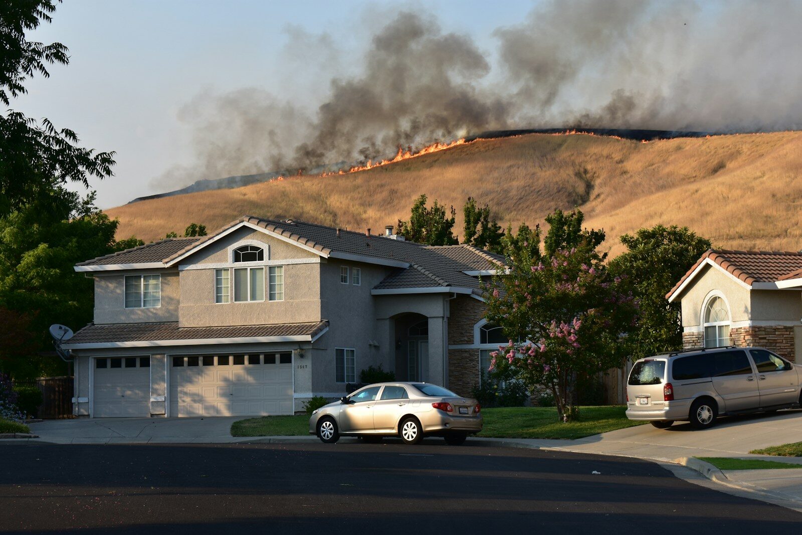 Wildfire burns a dry hillside near suburban homes.